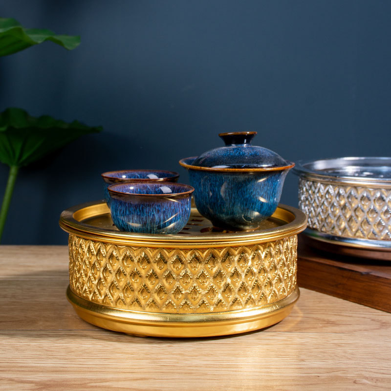 Tavă de ceai gravată, set Kung Fu compact, veselă rotundă pentru ceai cu depozitare de apă