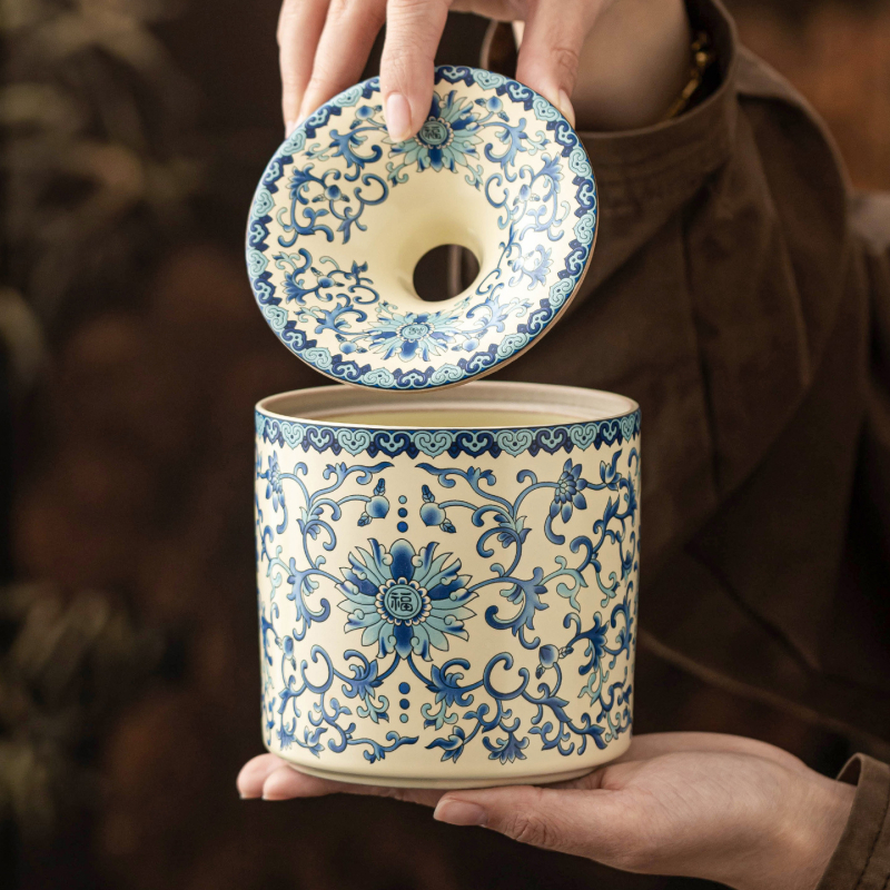 Accesorii ceramice pentru ceai cu motiv Ru Kiln Lotus Vine: cenușieră, vas de spălat ceai, borcan pentru resturi de ceai, accesorii pentru prepararea ceaiului