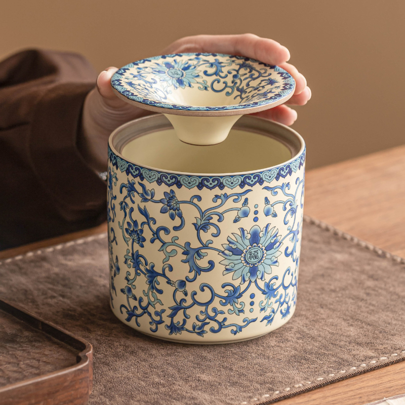 Accesorii ceramice pentru ceai cu motiv Ru Kiln Lotus Vine: cenușieră, vas de spălat ceai, borcan pentru resturi de ceai, accesorii pentru prepararea ceaiului