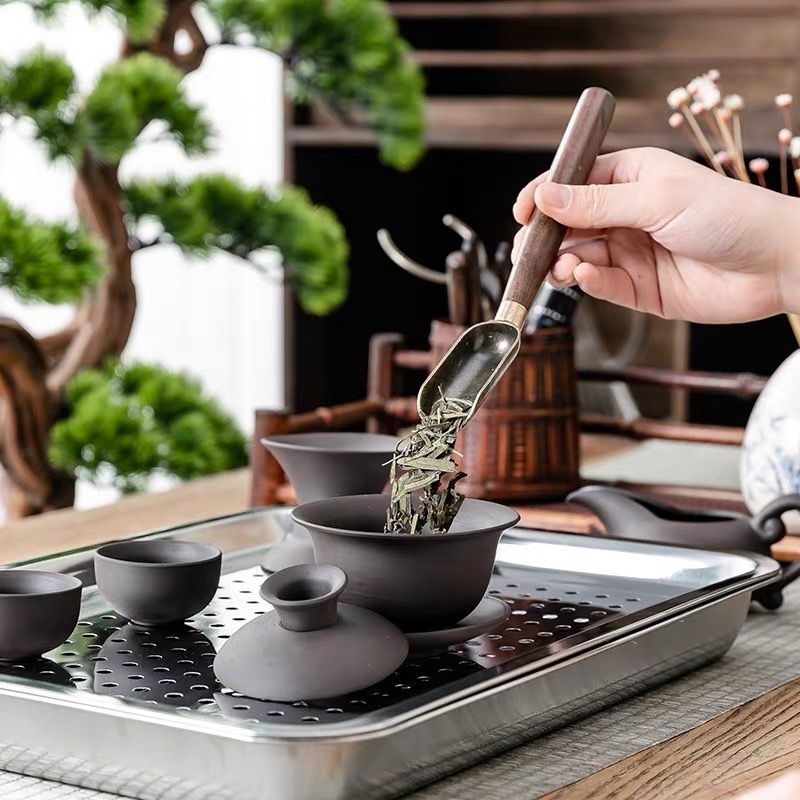 Set Gongfu tavă pentru ceai din oțel inox, tavă mică cu depozitare de apă și suprafață perforată pentru drenaj, pentru uz casnic