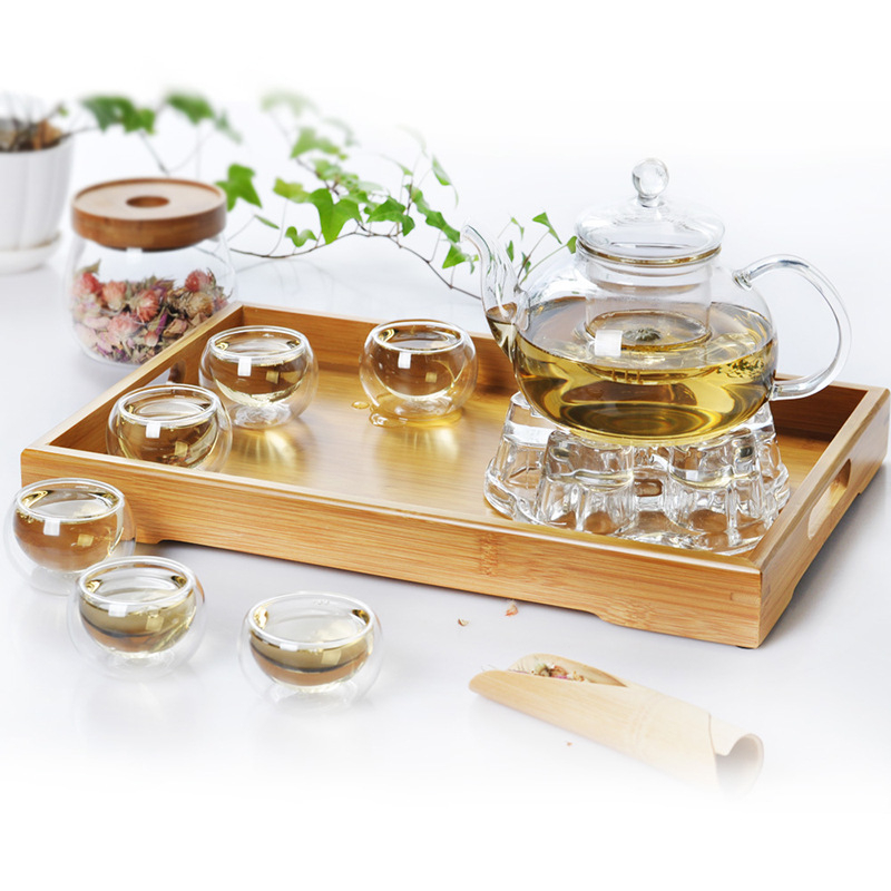Set Gongfu de ceai cu tavă din bambus, stil japonez, design modern minimalist, tavă de drenaj, mic set pentru ceai