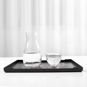 Tavă japoneză cu model sakura, din plastic, aspect lemn, negru – dreptunghiulară și rotundă, pentru ceai și fructe