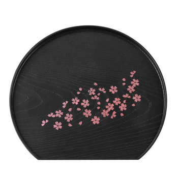 Tavă japoneză cu model sakura, din plastic, aspect lemn, negru – dreptunghiulară și rotundă, pentru ceai și fructe