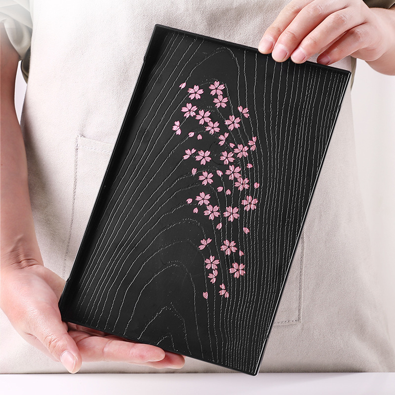 Tavă japoneză cu model sakura, din plastic, aspect lemn, negru – dreptunghiulară și rotundă, pentru ceai și fructe