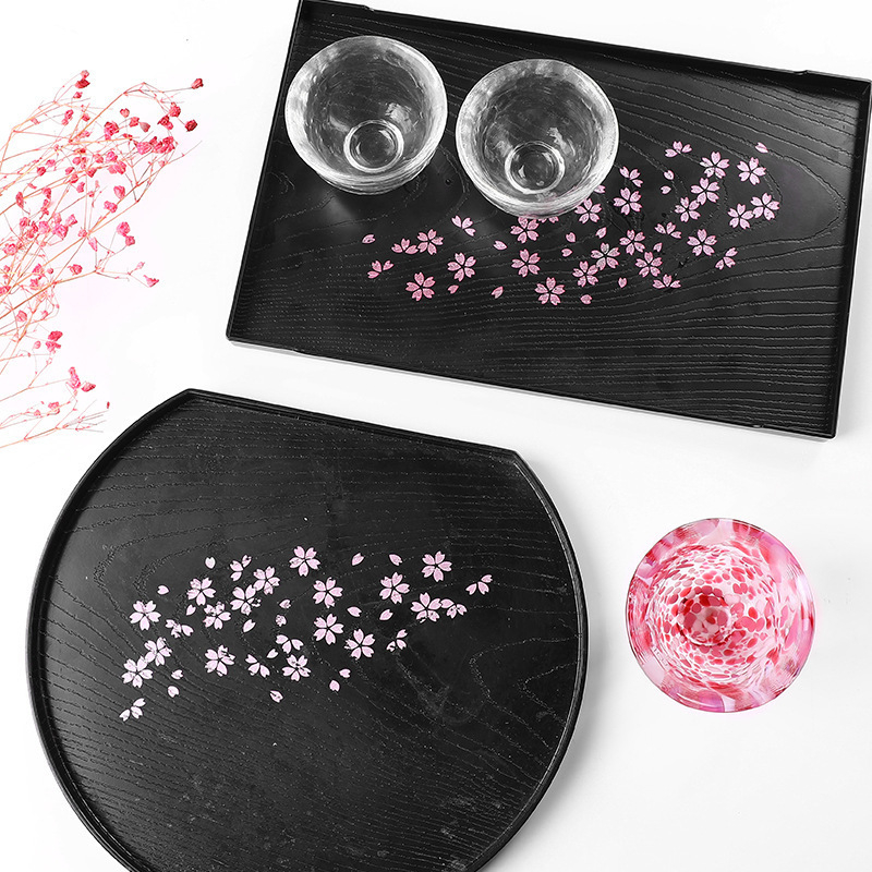 Tavă japoneză cu model sakura, din plastic, aspect lemn, negru – dreptunghiulară și rotundă, pentru ceai și fructe