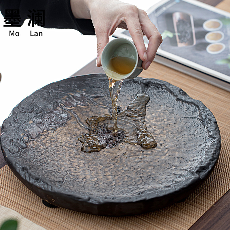 Tavă ceramică pentru ceai cu design ușor luxos, tavă de uscare a apei pentru uz casnic, pentru balcon și sufragerie, stil japonez minimalist, retro chinezesc pentru întâmpinarea oaspeților