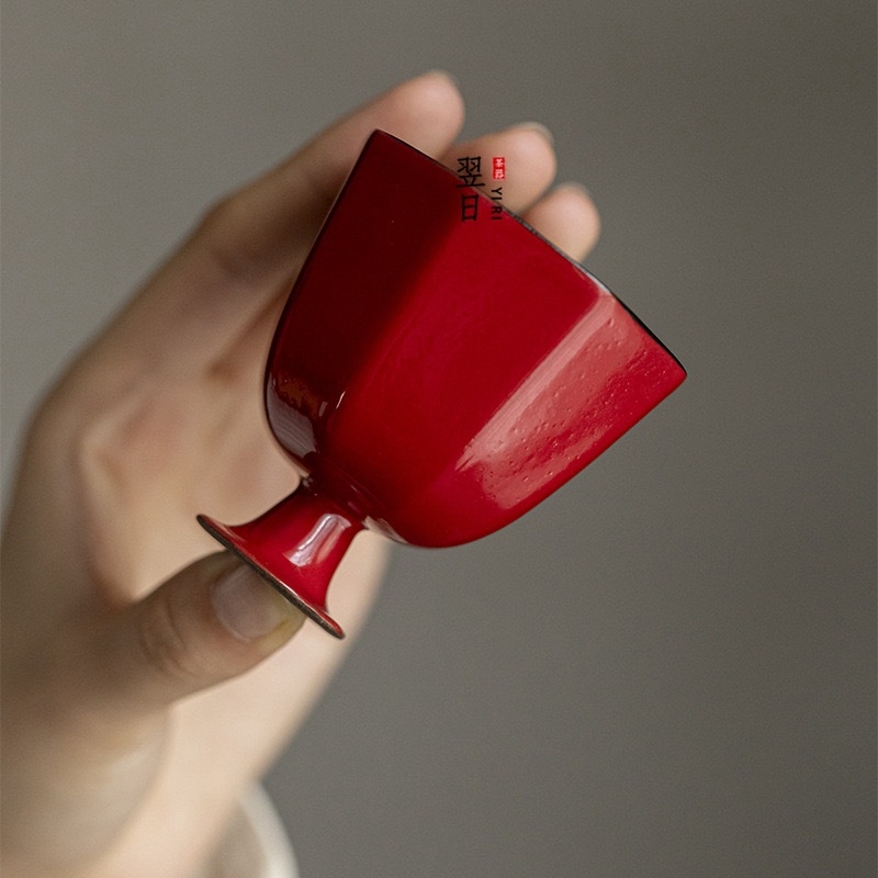 Ceșă de ceai în stil wabi-sabi, Gongfu, ceramică roșie, făcută manual, goblet mic cu picior