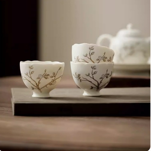 Set ceramic Kung Fu ceai cu motiv ramuri de piersic și cioară-magpie, ceșcuță de degustare, ceașcă personală, ceașcă gazdă, ceașcă Pu'er, mic bol de ceai