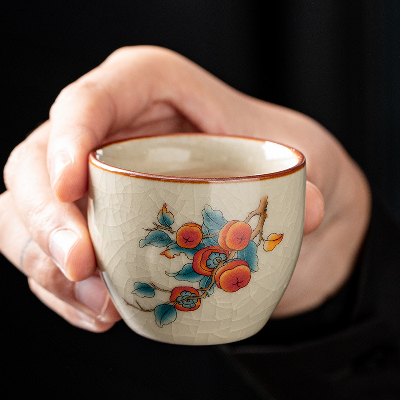 Ceașcă de ceai din ceramică Ruyao bej, stil Ruyi, glazură craquelată, porție unică, pentru uz personal