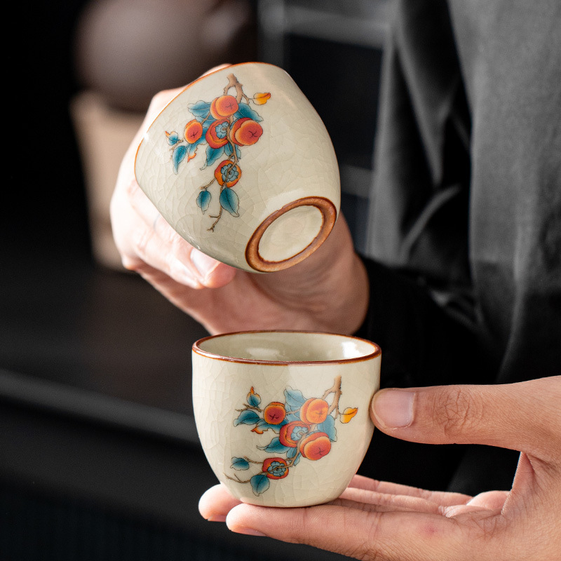 Ceașcă de ceai din ceramică Ruyao bej, stil Ruyi, glazură craquelată, porție unică, pentru uz personal