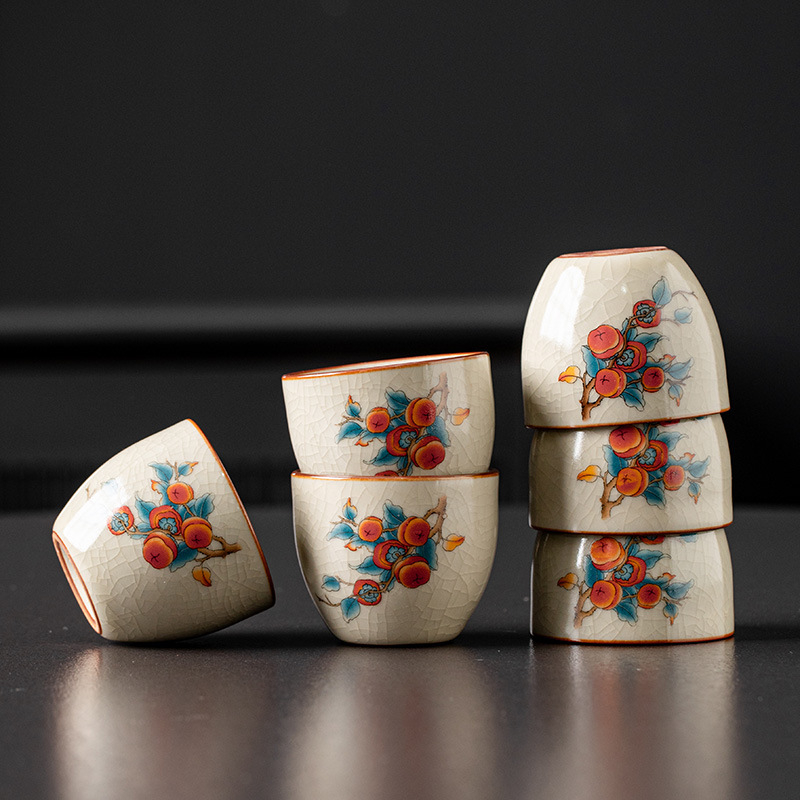 Ceașcă de ceai din ceramică Ruyao bej, stil Ruyi, glazură craquelată, porție unică, pentru uz personal