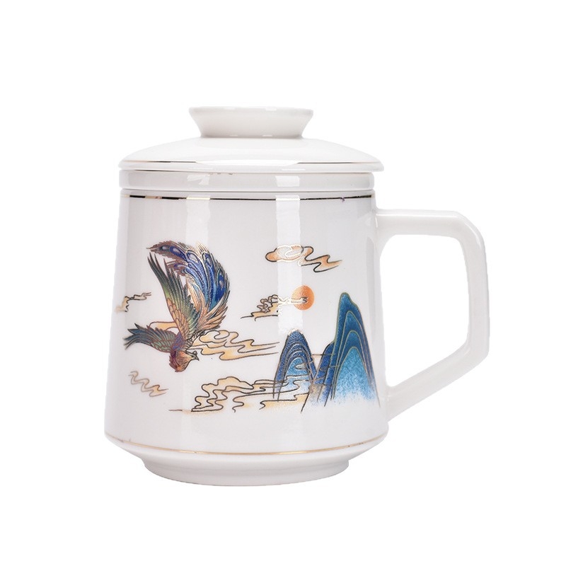 Set de cești ceramice pentru ceai, alb, cu filtru și margine aurie, pentru hoteluri și birouri