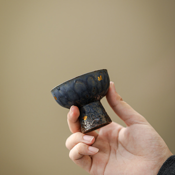Ceainic goblet din ceramică din lut roci, culoare albastru păun, bază înaltă, pentru uz personal, finisaj bronz retro, mică capacitate, set de ceai kung fu pentru acasă