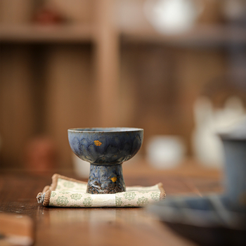 Ceainic goblet din ceramică din lut roci, culoare albastru păun, bază înaltă, pentru uz personal, finisaj bronz retro, mică capacitate, set de ceai kung fu pentru acasă