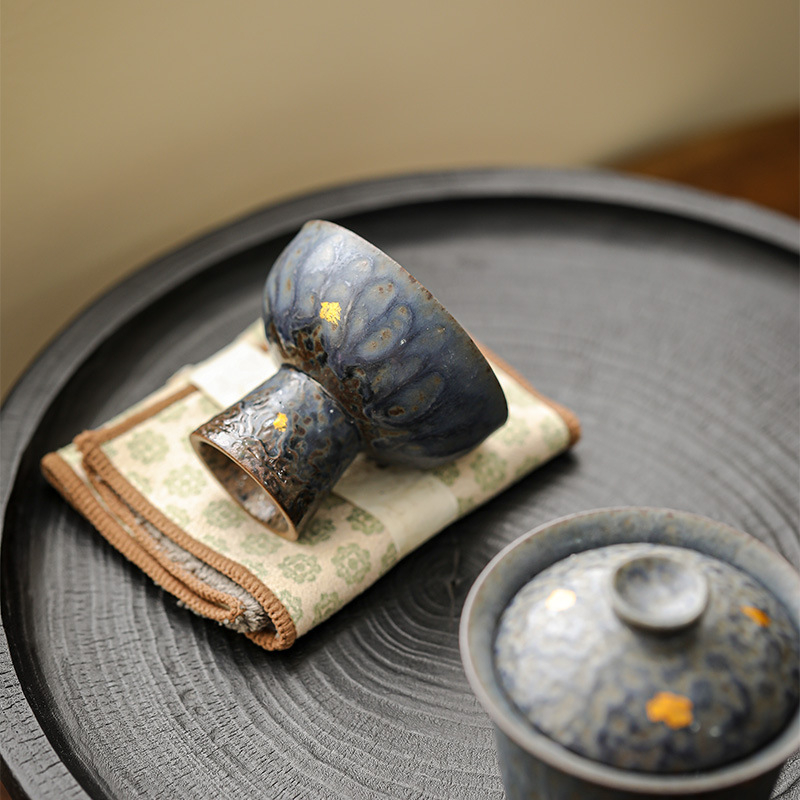 Ceainic goblet din ceramică din lut roci, culoare albastru păun, bază înaltă, pentru uz personal, finisaj bronz retro, mică capacitate, set de ceai kung fu pentru acasă