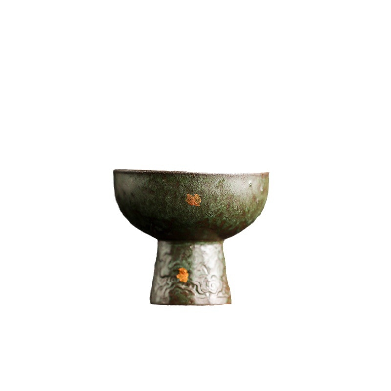 Ceainic goblet din ceramică din lut roci, culoare albastru păun, bază înaltă, pentru uz personal, finisaj bronz retro, mică capacitate, set de ceai kung fu pentru acasă