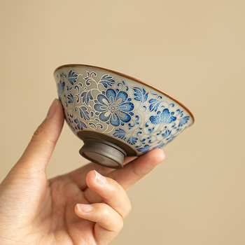 Căniță de ceai ceramică albastru-antic, pentru servire individuală, în set Gongfu, cu motiv lotus