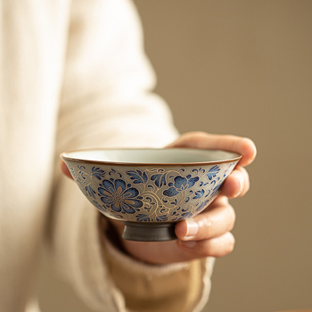 Căniță de ceai ceramică albastru-antic, pentru servire individuală, în set Gongfu, cu motiv lotus
