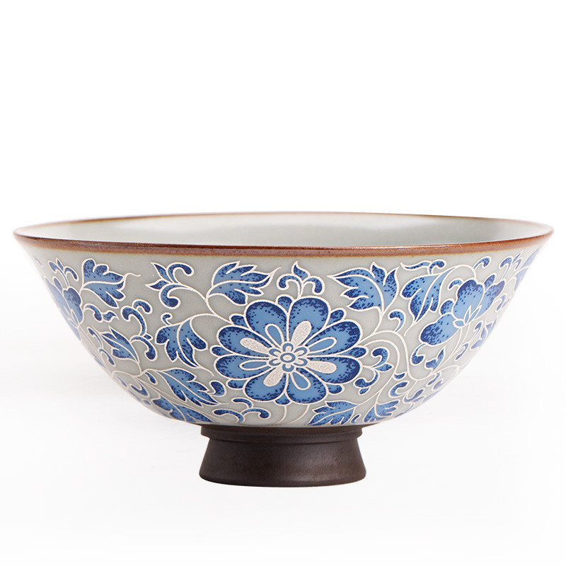Căniță de ceai ceramică albastru-antic, pentru servire individuală, în set Gongfu, cu motiv lotus