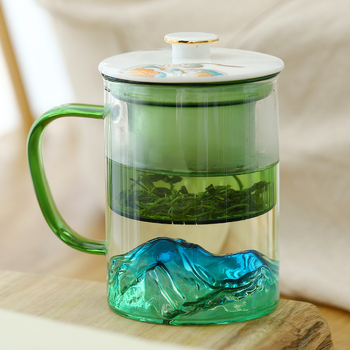 Cană de ceai din sticlă cu infuzor și capac, capacitate mare, design cu vedere la munți, logo personalizat