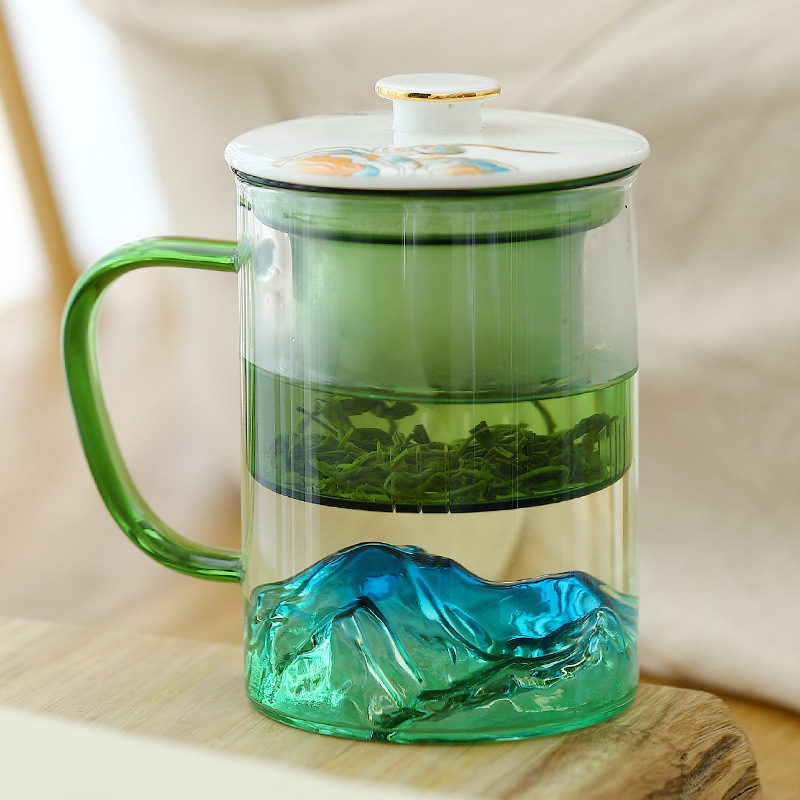 Cană de ceai din sticlă cu infuzor și capac, capacitate mare, design cu vedere la munți, logo personalizat
