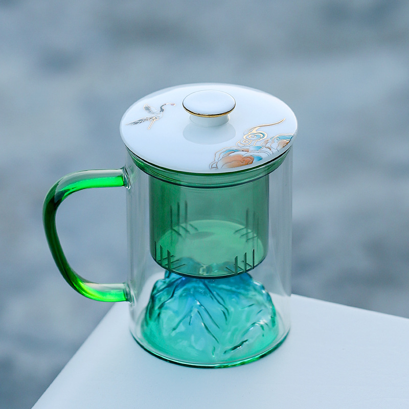 Cană de ceai din sticlă cu infuzor și capac, capacitate mare, design cu vedere la munți, logo personalizat