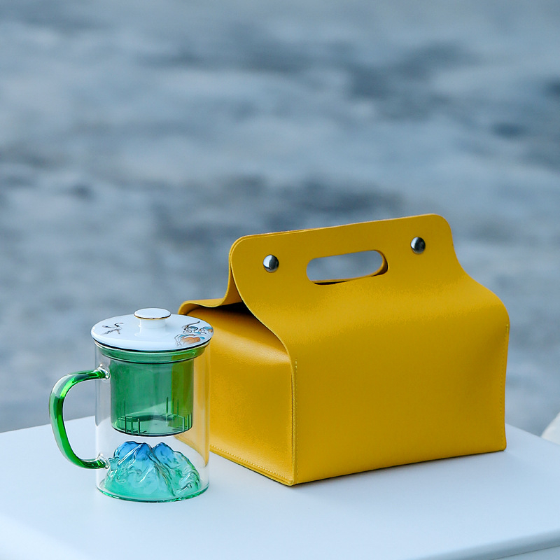 Cană de ceai din sticlă cu infuzor și capac, capacitate mare, design cu vedere la munți, logo personalizat