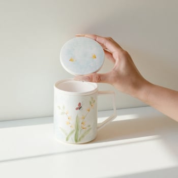 Moji ceașcă ceramică de birou cu capac, inserție interioară și filtru pentru ceai, cană cu separare ceai-apă, pictată manual, pentru uz personal