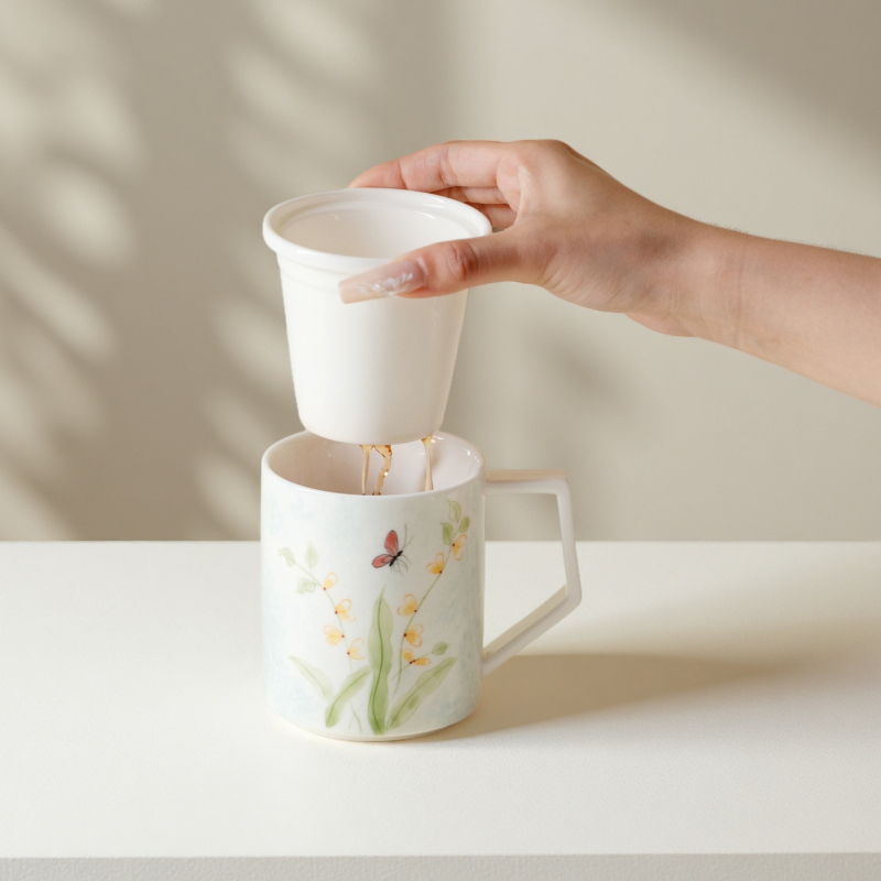 Moji ceașcă ceramică de birou cu capac, inserție interioară și filtru pentru ceai, cană cu separare ceai-apă, pictată manual, pentru uz personal