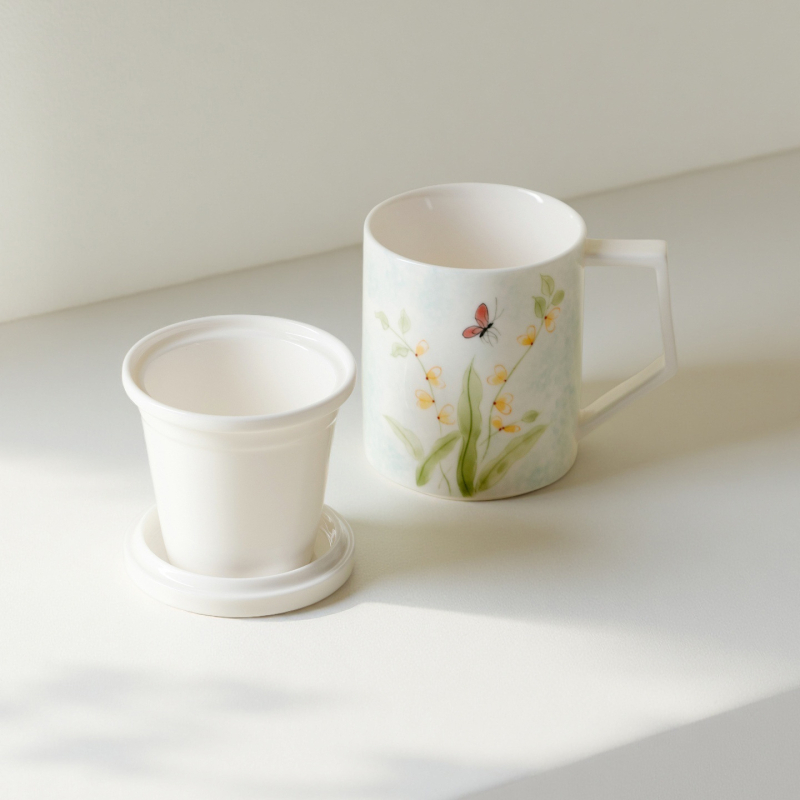 Moji ceașcă ceramică de birou cu capac, inserție interioară și filtru pentru ceai, cană cu separare ceai-apă, pictată manual, pentru uz personal