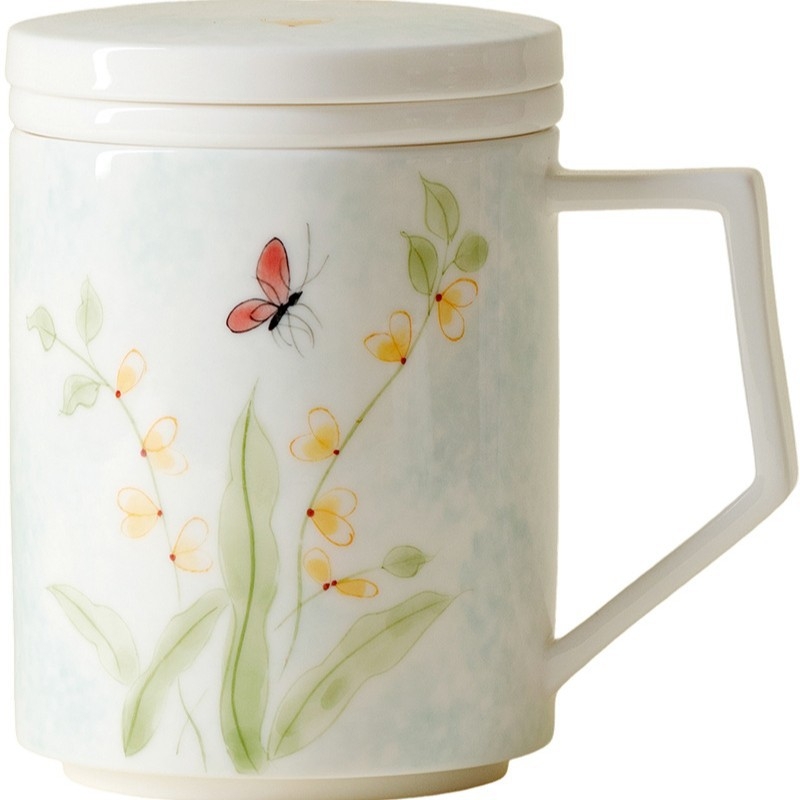Moji ceașcă ceramică de birou cu capac, inserție interioară și filtru pentru ceai, cană cu separare ceai-apă, pictată manual, pentru uz personal