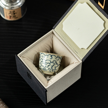 În stil antic, ceașcă de ceai ceramică Ru kiln cu margine florală, pentru uz casnic, ceașcă personală de ceai și degustare, glazură crăpată, potrivită pentru Gongfu, o singură ceașcă