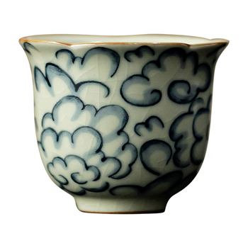 În stil antic, ceașcă de ceai ceramică Ru kiln cu margine florală, pentru uz casnic, ceașcă personală de ceai și degustare, glazură crăpată, potrivită pentru Gongfu, o singură ceașcă