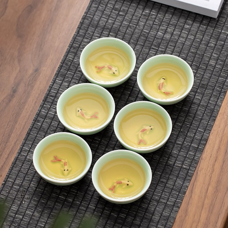 Cească de ceai ceramică Celadon cu peștișor — design creativ, ceașcă de degustare a ceaiului, pentru uz personal acasă