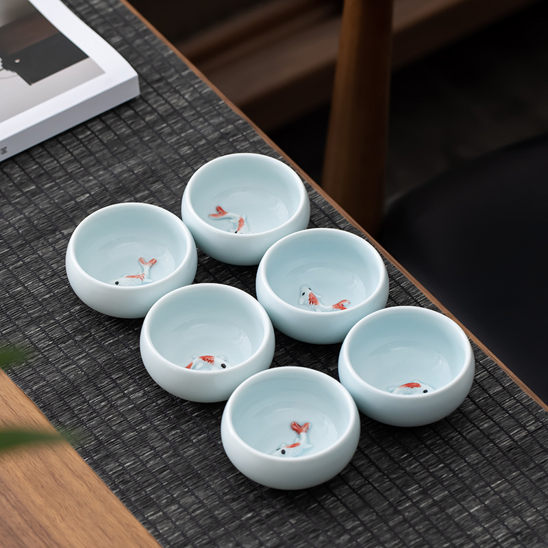 Cească de ceai ceramică Celadon cu peștișor — design creativ, ceașcă de degustare a ceaiului, pentru uz personal acasă