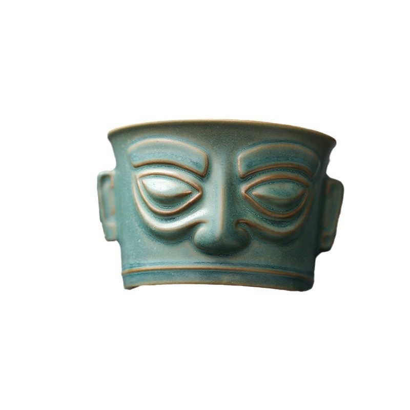 Ceașcă ceramică kung-fu cu mască din bronz Sanxingdui, stil retro chinezesc