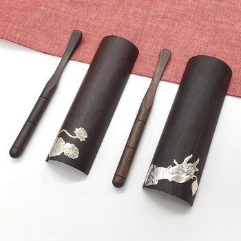 Unelte de ceremonie pentru ceai din lemn de abanos și lemn de santal, cu motive de lotus și mâna lui Buddha, accesorii din lemn masiv