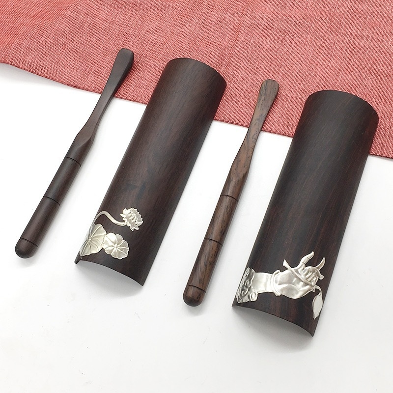 Unelte de ceremonie pentru ceai din lemn de abanos și lemn de santal, cu motive de lotus și mâna lui Buddha, accesorii din lemn masiv