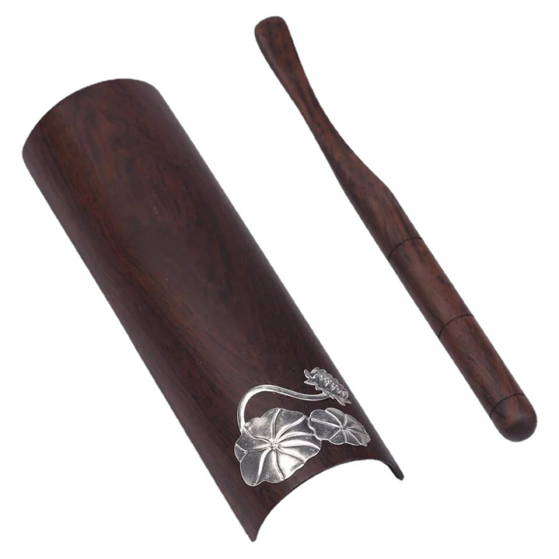 Unelte de ceremonie pentru ceai din lemn de abanos și lemn de santal, cu motive de lotus și mâna lui Buddha, accesorii din lemn masiv
