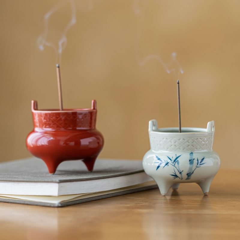 Tămâiere ceramică roșie, cu trei picioare, pentru interior, cameră de ceai în stil Zen