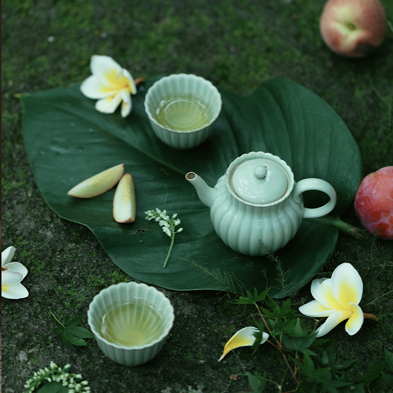 Ceainic în stil japonez, glazură din cenușă vegetală, porțelan alb, filtru cu bilă, design modern și elegant