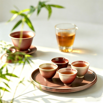 Tava de ceai Gongfu din ceramică, lucrată manual, glazură roză și suport pentru ceainic