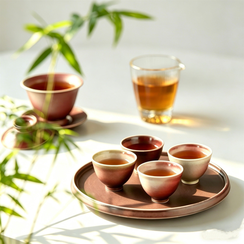 Tava de ceai Gongfu din ceramică, lucrată manual, glazură roză și suport pentru ceainic