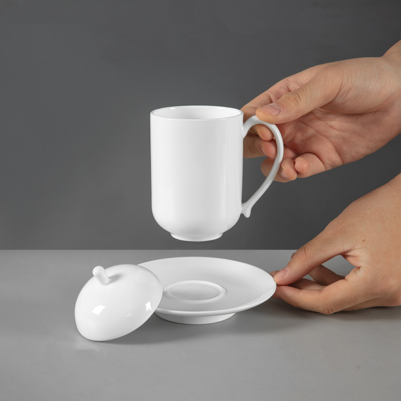 Ceșuță de conferință din porțelan osos, ceramică albă pentru ceai cu capac, pentru birou, cu logo personalizat