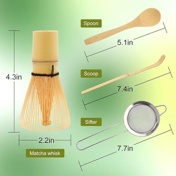 Set cu mâner lung pentru Matcha, bambus alb, trei piese, unelte japoneze pentru ceremonia ceaiului