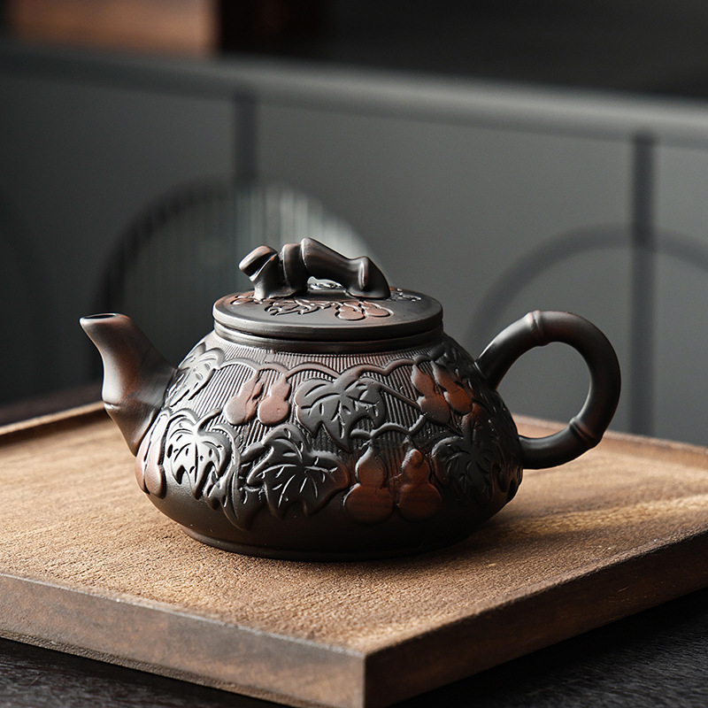 Ceainic mov din ceramică, pentru ceremonia Gongfu, cu relief lucrat manual, potrivit pentru birou și casă