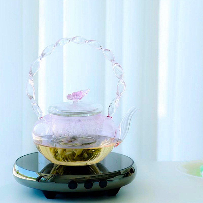Ceainic din sticlă cu mâner de ridicare, stil ușor luxos, rezistent la căldură, pentru ceai cu flori și ceai negru – design Starry Sky