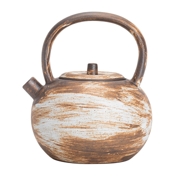 Ceainic ceramic lucrat manual, stil retro, formă de lună plină, mâner de ridicare, stil japonez minimalist, glazură pudră, pentru preparare Gongfu ceai acasă.