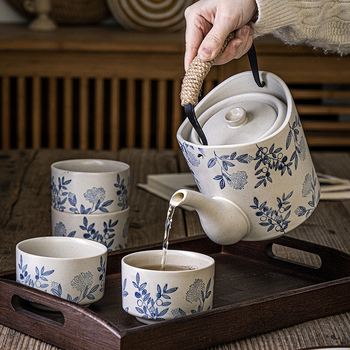 Ceainic japonez pictat manual, cu mâner de ridicare și ceașcă, set de ceai ceramic vintage cu filtru, capacitate mare pentru restaurante