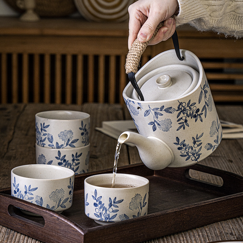 Ceainic japonez pictat manual, cu mâner de ridicare și ceașcă, set de ceai ceramic vintage cu filtru, capacitate mare pentru restaurante